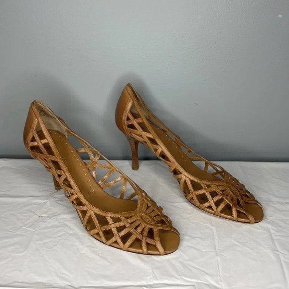 Maripe Rio Peep Toe Leather Shoes Tan Cutout Crossover Heels Retro Summer 11 - Picture 3 of 13